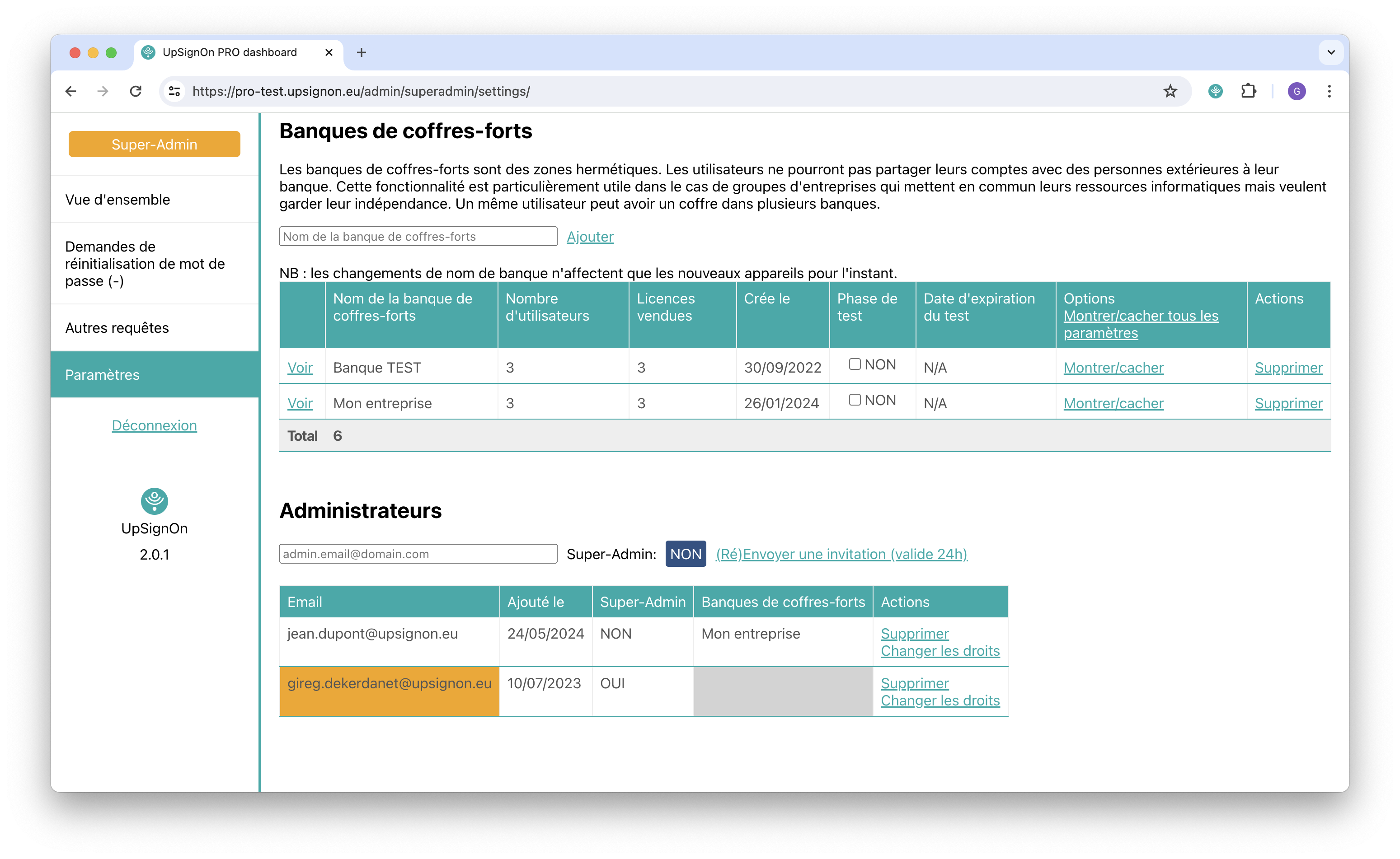 Screenshot of the table on the superadministrator page of administrator management
