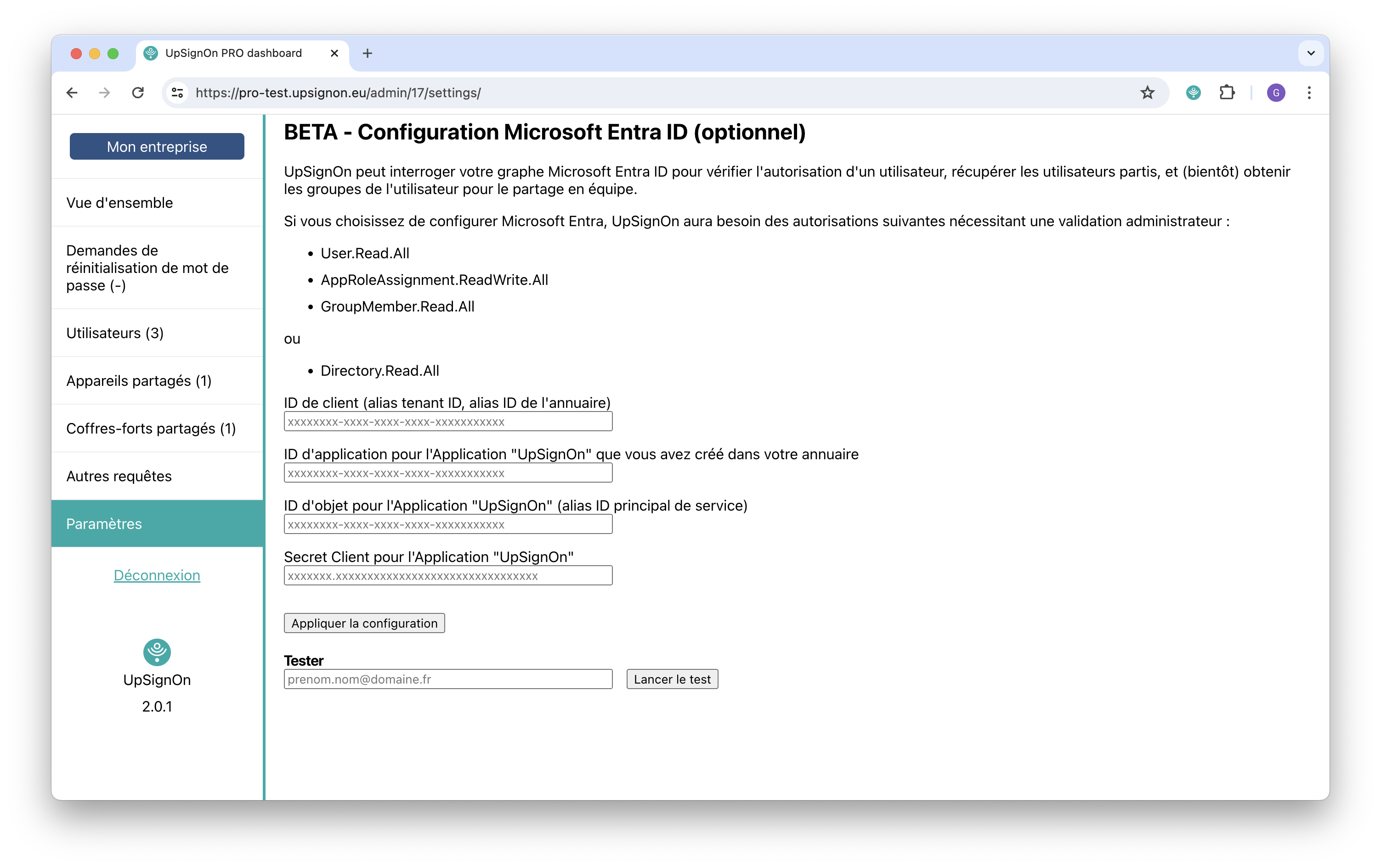 Screenshot of the Microsoft Entra configuration interface in the supervision console.