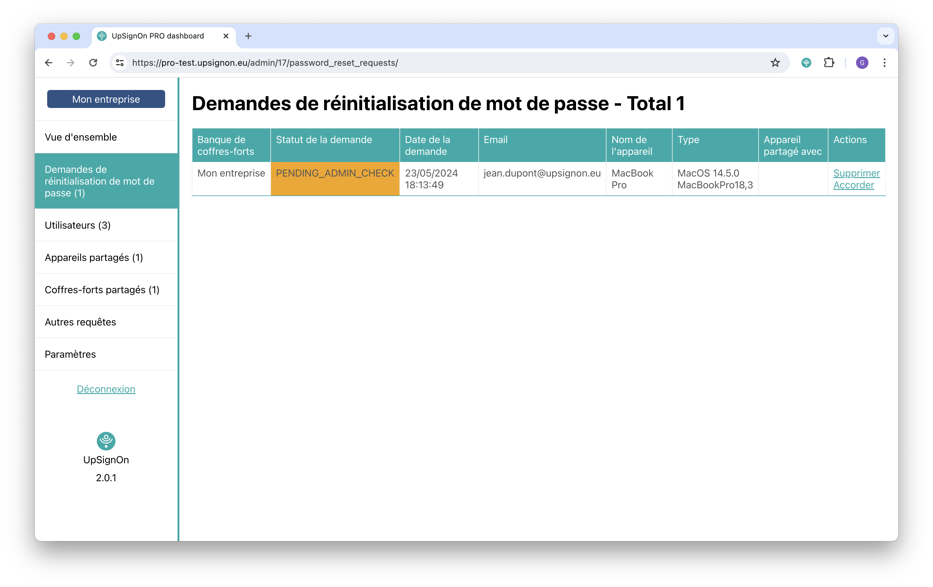 Capture d'écran de la page “Demandes de réinitialisation de mot de passe” de la console de supervision.