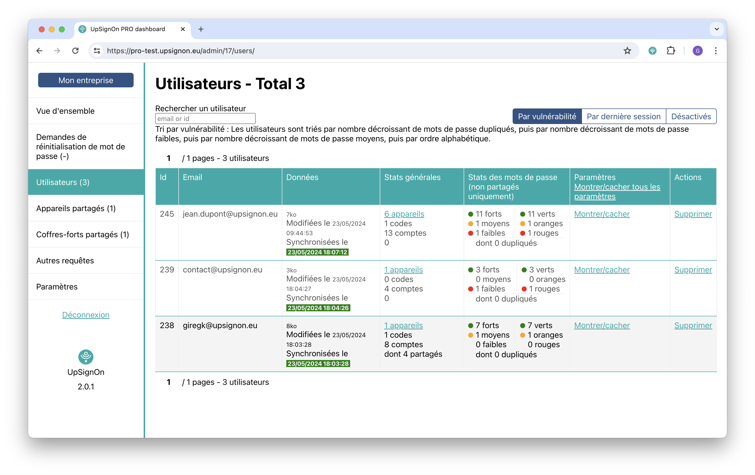 Capture d'écran de la page "Utilisateurs" de la console de supervision.